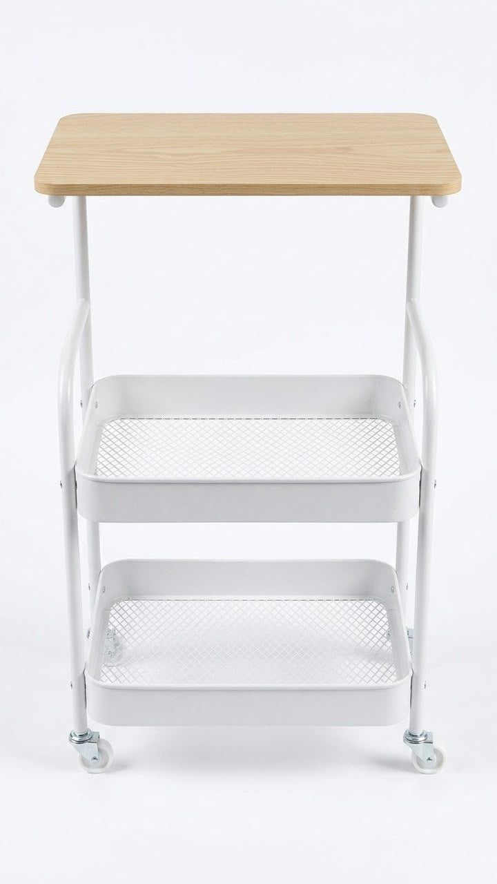 Rolling Cart with Wooden Tabletop & Mesh Baskets
